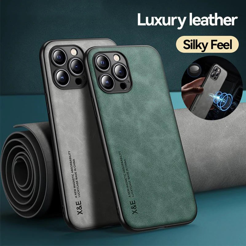 Luxury Magnetic Leather Case for iPhone 15 14 13 12 Pro Max Mini Magsafe Cover Support Car Holder