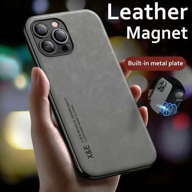 Luxury Magnetic Leather Case for iPhone 15 14 13 12 Pro Max Mini Magsafe Cover Support Car Holder