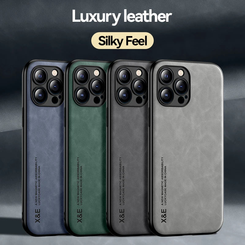 Luxury Magnetic Leather Case for iPhone 15 14 13 12 Pro Max Mini Magsafe Cover Support Car Holder