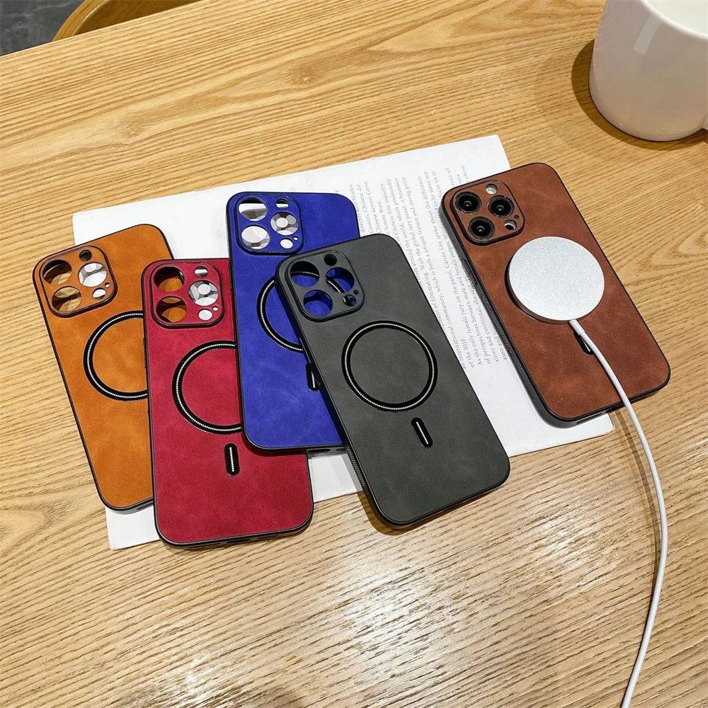 For Magsafe Leather Shockproof Phone Case For iPhone 16 15 14 13 12 11 Pro Max 16e Plus Luxury Soft Wireless Charge Cover Cases