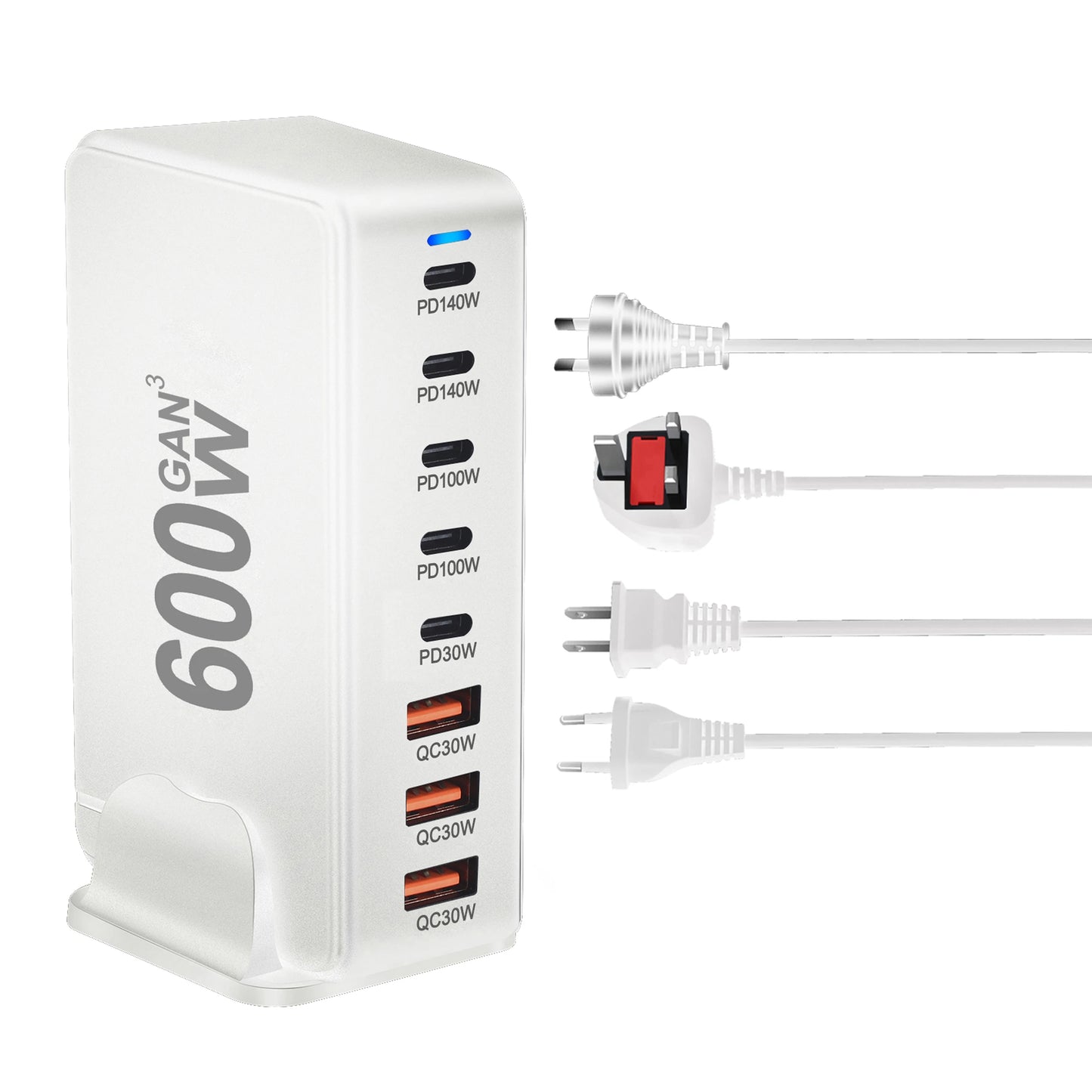 600W GaN Fast Charge 3.0 USB-C Charger with 8 Ports 5C3A PD, Portable and Suitable for Tablets