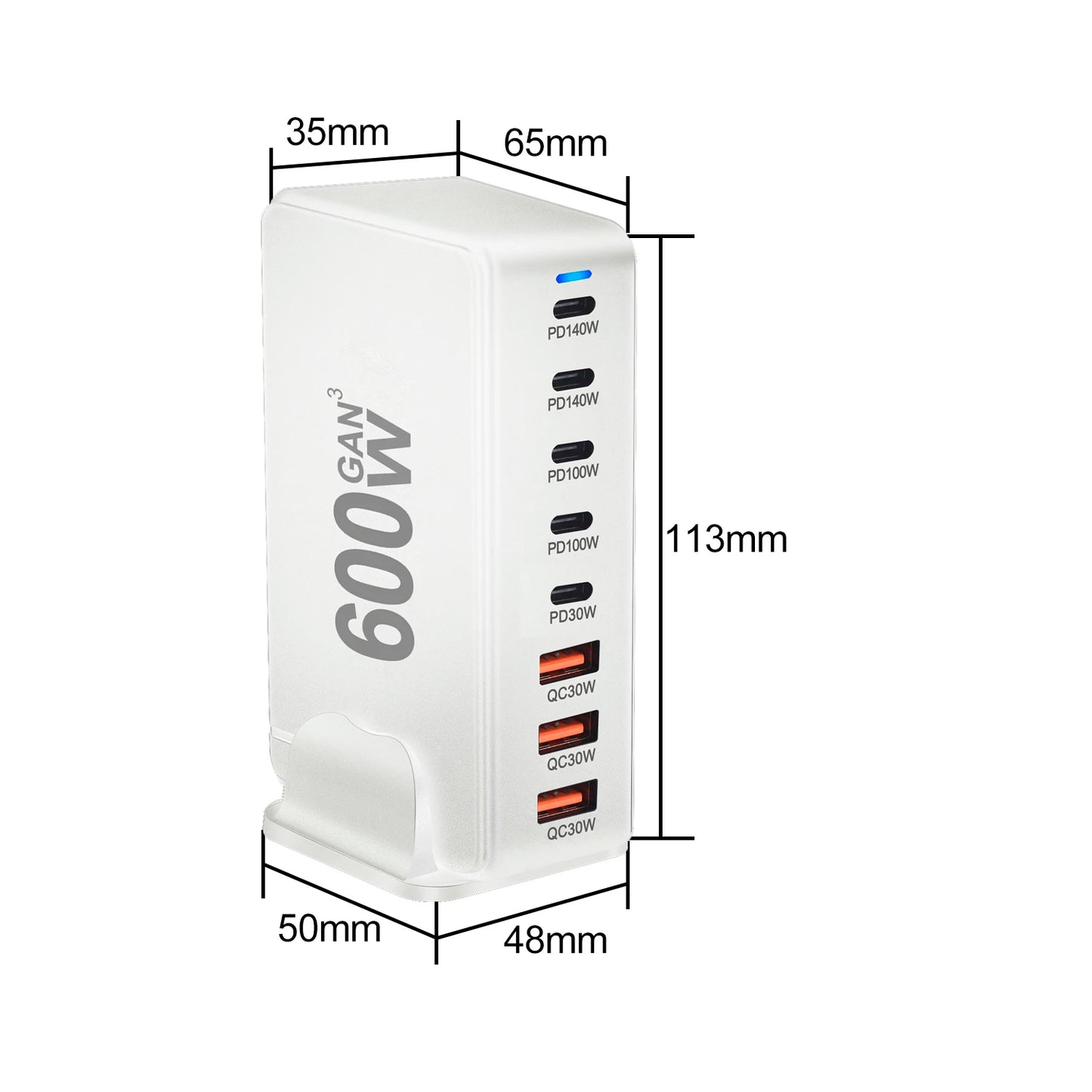 600W GaN Fast Charge 3.0 USB-C Charger with 8 Ports 5C3A PD, Portable and Suitable for Tablets