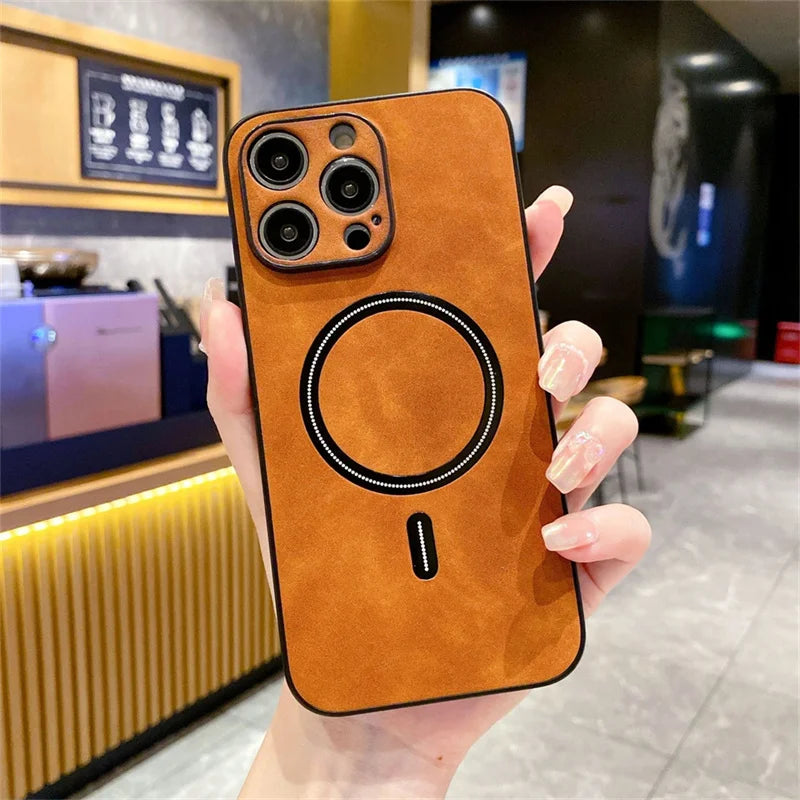For Magsafe Leather Shockproof Phone Case For iPhone 16 15 14 13 12 11 Pro Max 16e Plus Luxury Soft Wireless Charge Cover Cases