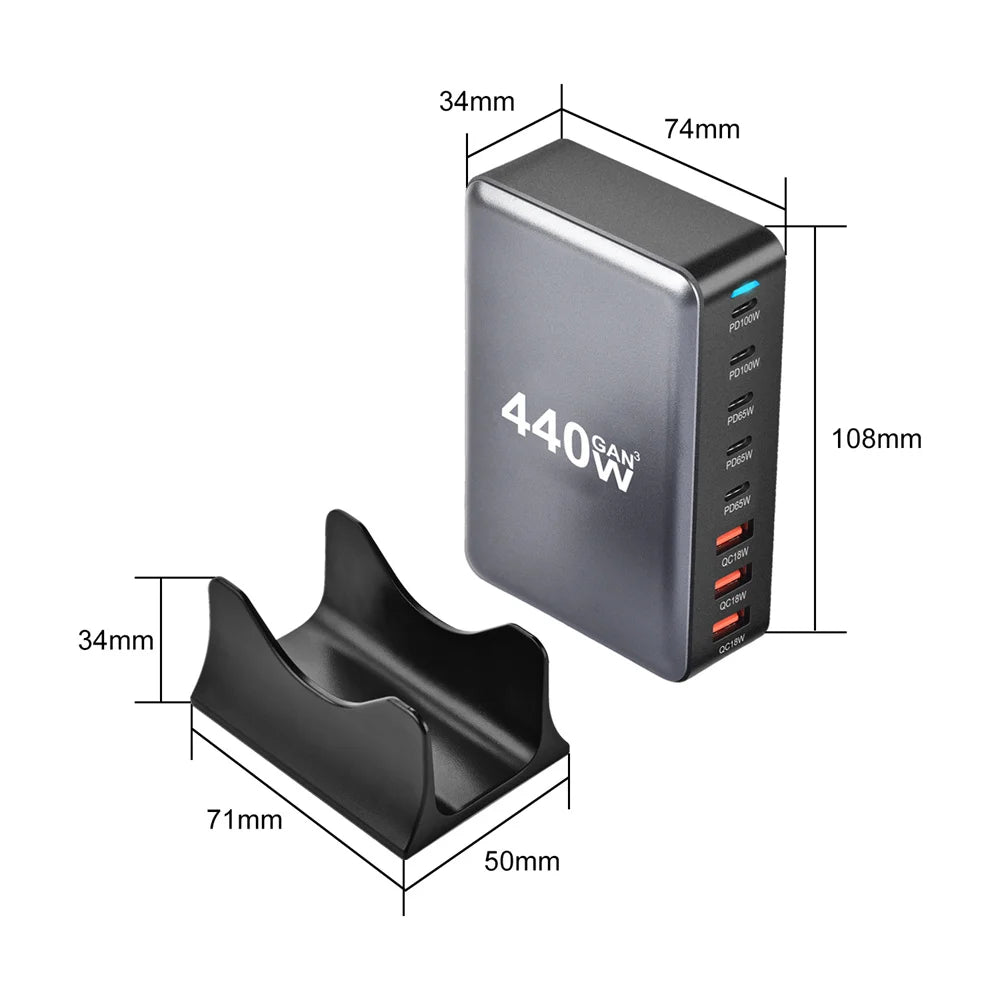 440W Gan Fast Charge 3.0 USB Type C Fast Charger Mobile 8-port 5C3A PD Charger Convenient To Carry Tablet Charger