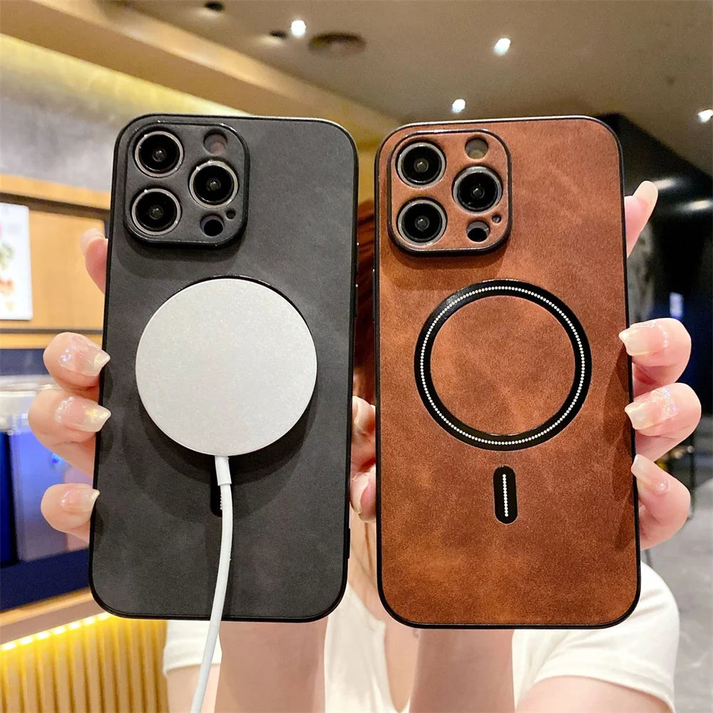 For Magsafe Leather Shockproof Phone Case For iPhone 16 15 14 13 12 11 Pro Max 16e Plus Luxury Soft Wireless Charge Cover Cases