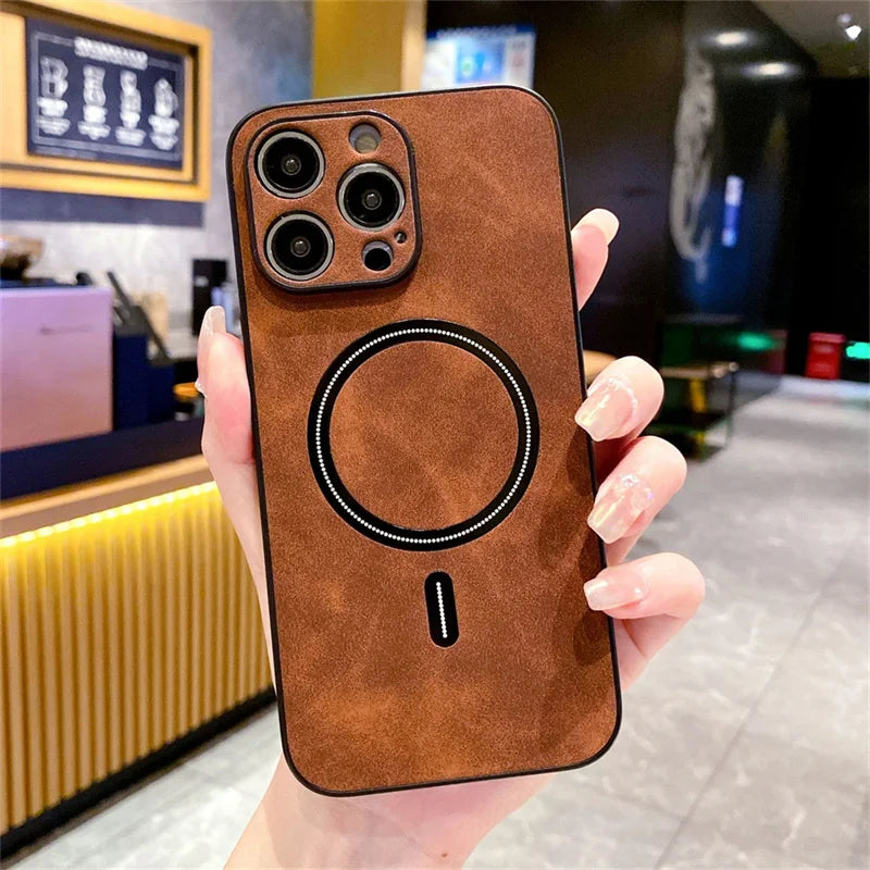 For Magsafe Leather Shockproof Phone Case For iPhone 16 15 14 13 12 11 Pro Max 16e Plus Luxury Soft Wireless Charge Cover Cases