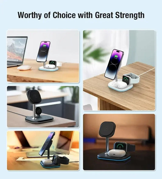 3-in-1 Magnetic Wireless Charging– Fast Charger Stand for iPhone, Apple Watch & AirPods
