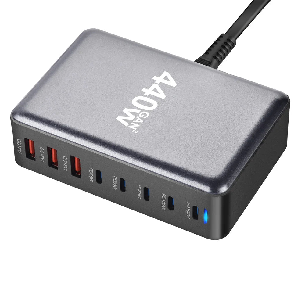 440W Gan Fast Charge 3.0 USB Type C Fast Charger Mobile 8-port 5C3A PD Charger Convenient To Carry Tablet Charger