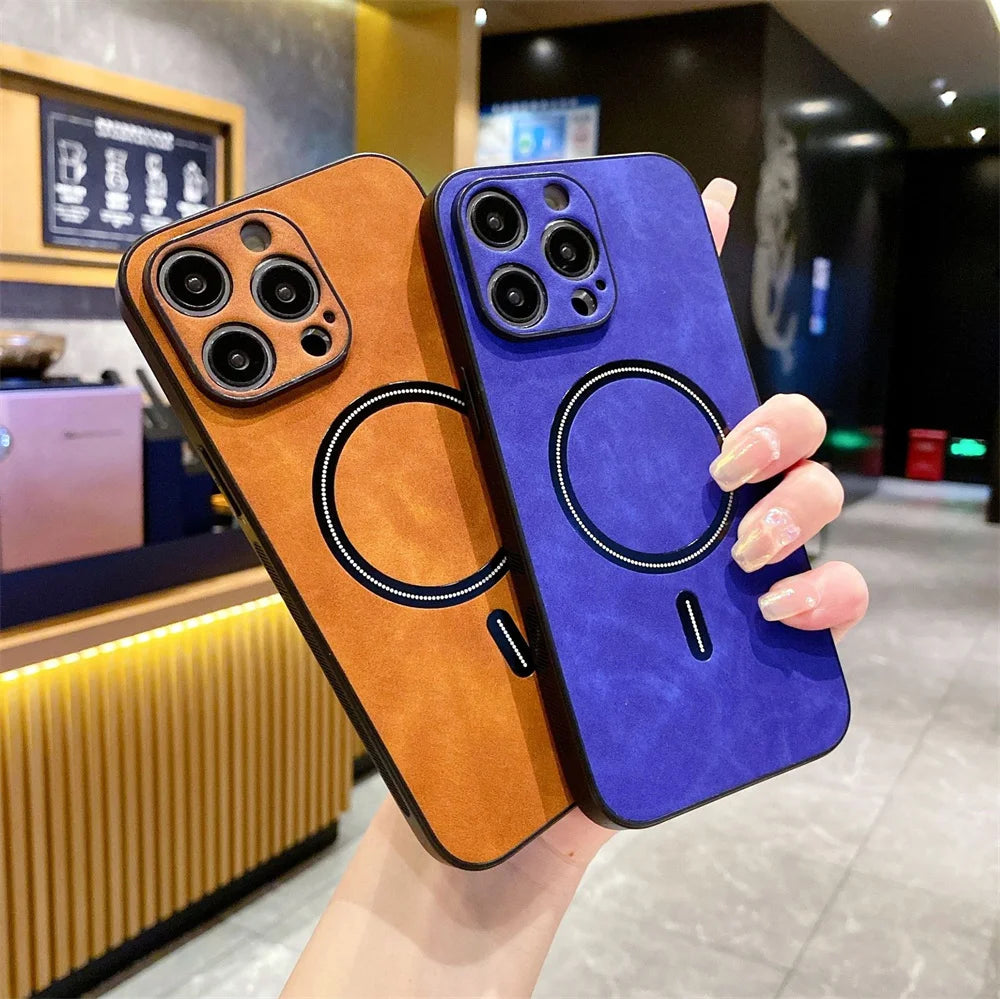 For Magsafe Leather Shockproof Phone Case For iPhone 16 15 14 13 12 11 Pro Max 16e Plus Luxury Soft Wireless Charge Cover Cases