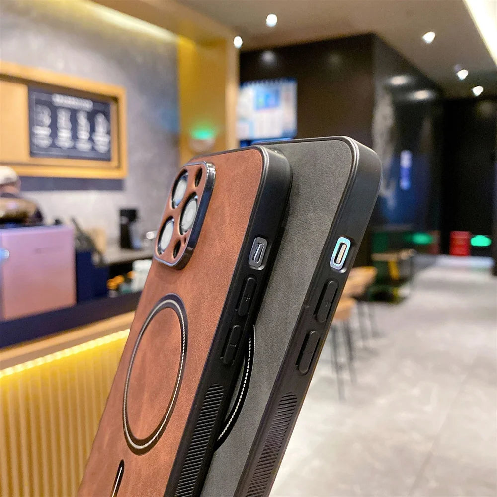 For Magsafe Leather Shockproof Phone Case For iPhone 16 15 14 13 12 11 Pro Max 16e Plus Luxury Soft Wireless Charge Cover Cases