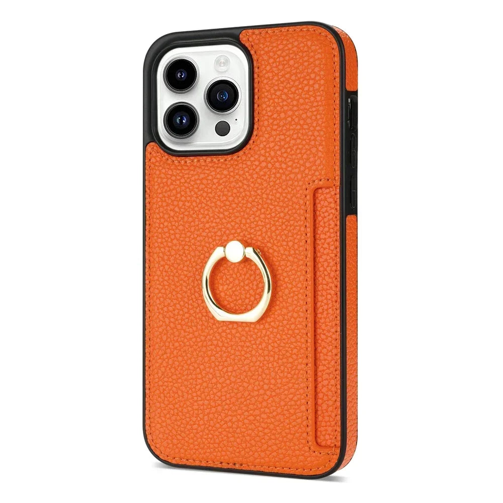 Leather Wallet iPhone Case with Card Slot & Ring Holder