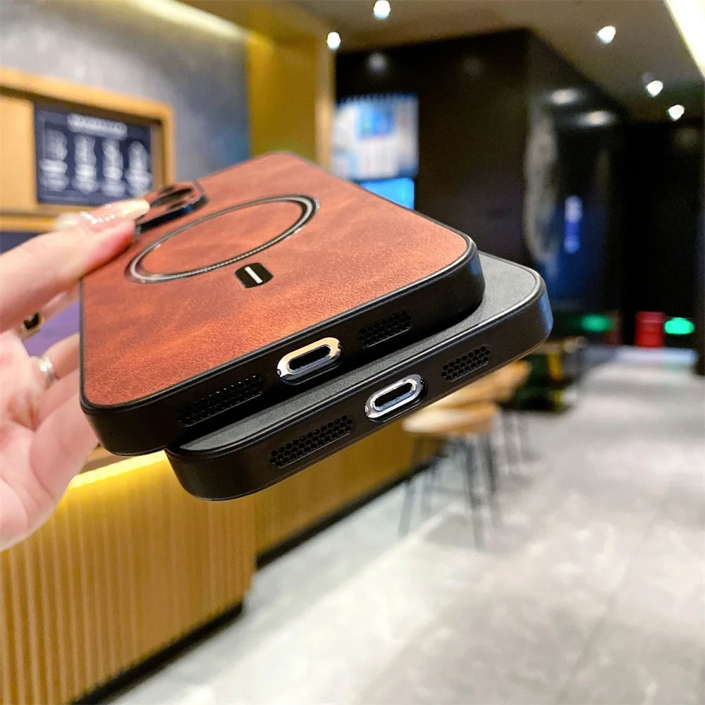 For Magsafe Leather Shockproof Phone Case For iPhone 16 15 14 13 12 11 Pro Max 16e Plus Luxury Soft Wireless Charge Cover Cases
