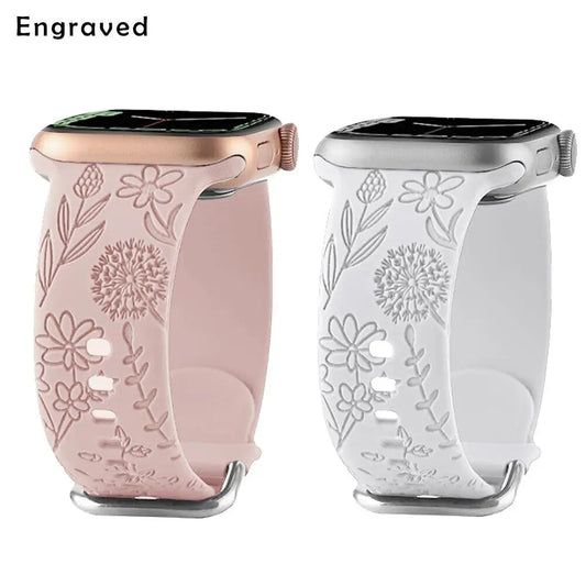 Engraved Flower Strap for Apple Watch Ultra Band 49mm 44 40mm 45mm 41mm 38 42mm Fashion Silicone Bracelet Iwatch Series 8 7 Se 6