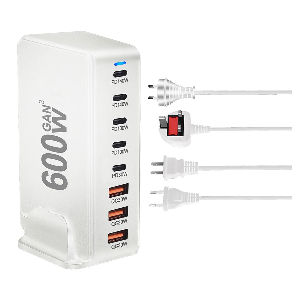 600W GaN Fast Charging Station with US / UK / EU / AU Plug – Multi-Port Power Charger