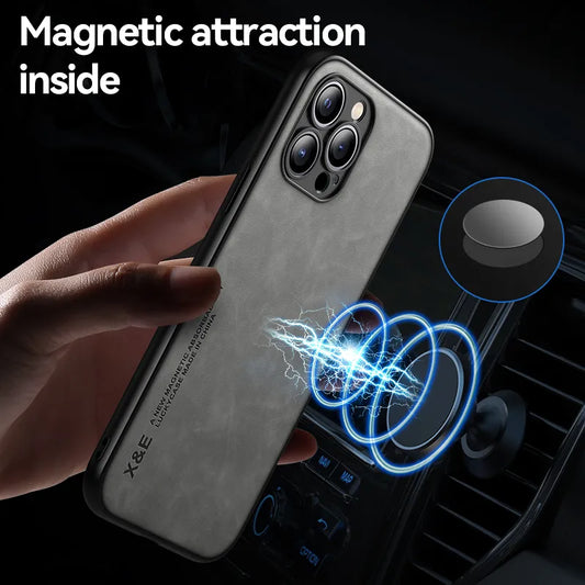 Luxury Magnetic Leather Case for iPhone 15 14 13 12  Pro Max Mini  Magsafe Cover Support Car Holder