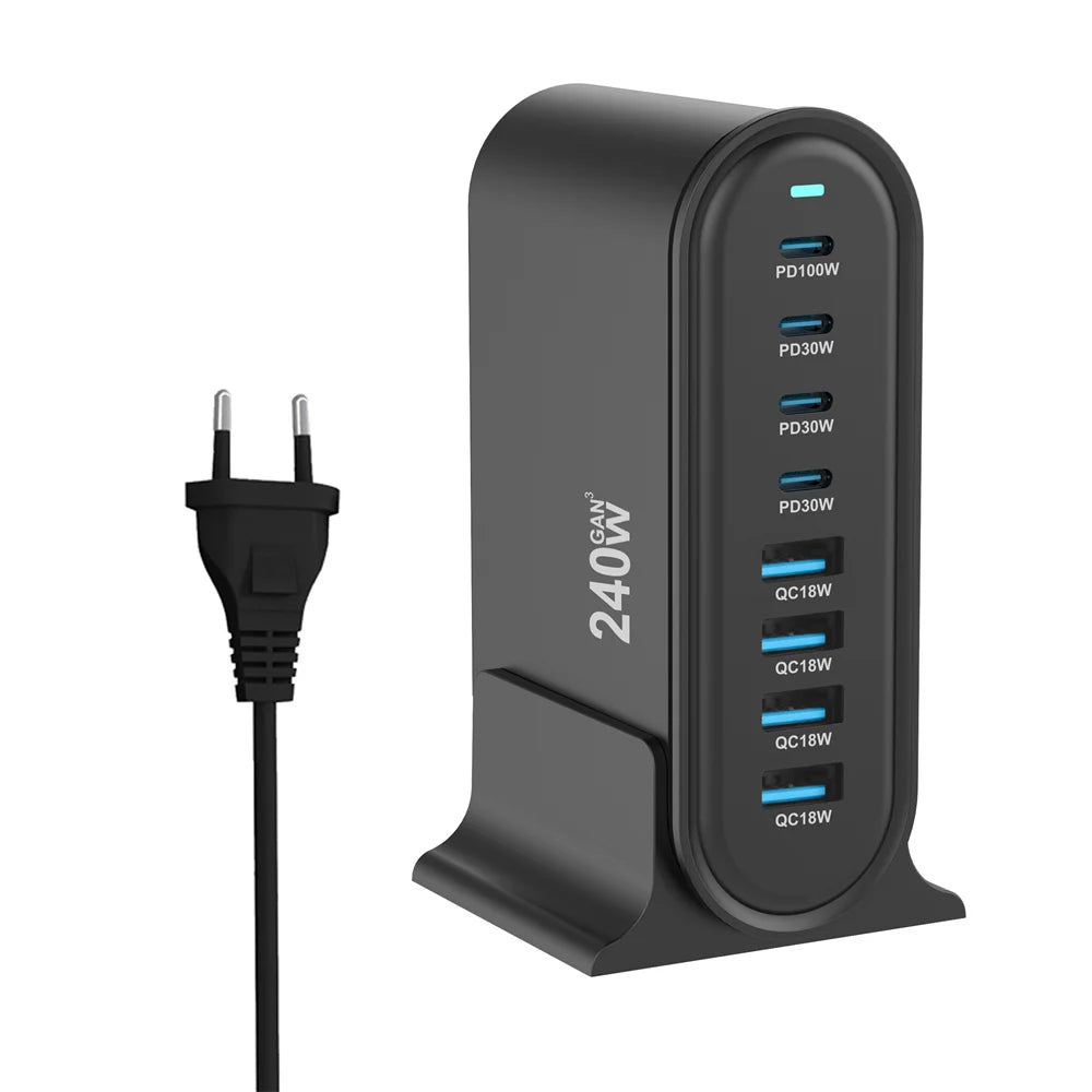 240W  Desktop GaN Charger 8-port USB Type C PD Charger Fast Charge 3.0 USB Type C Fast Charger Mobile USB Charger