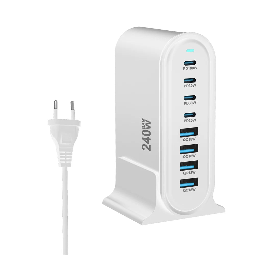 240W  Desktop GaN Charger 8-port USB Type C PD Charger Fast Charge 3.0 USB Type C Fast Charger Mobile USB Charger