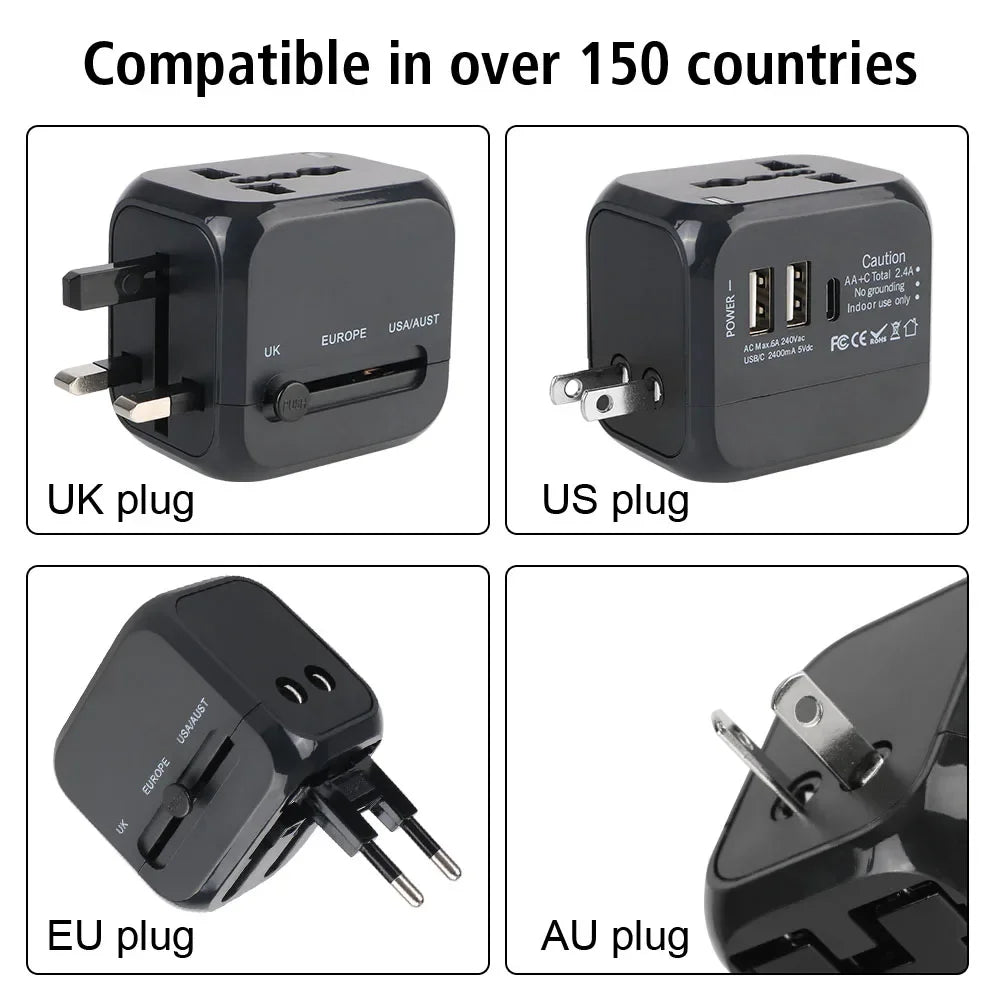 Universal Travel Adapter with USB & Type-C – US / UK / EU / AU Plugs