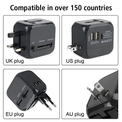 Universal Travel Adapter with USB & Type-C – US / UK / EU / AU Plugs