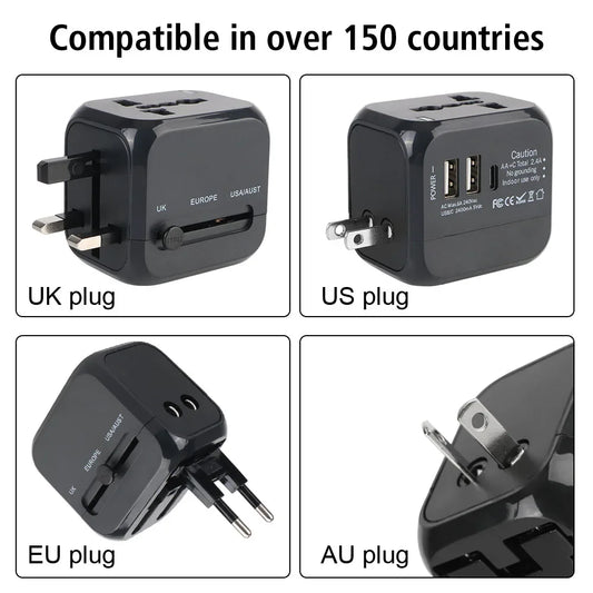 Universal Travel Adapter with USB & Type-C – US / UK / EU / AU Plugs