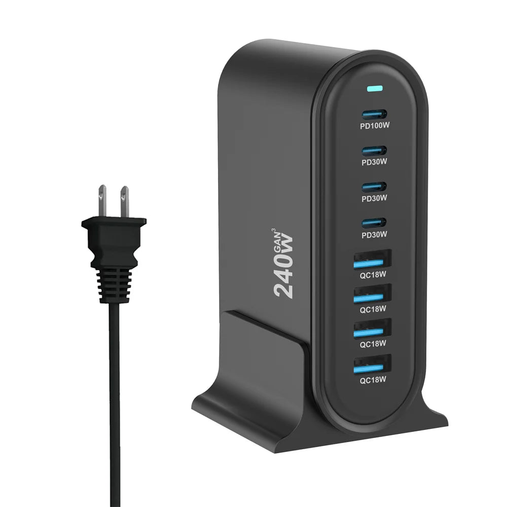 240W  Desktop GaN Charger 8-port USB Type C PD Charger Fast Charge 3.0 USB Type C Fast Charger Mobile USB Charger