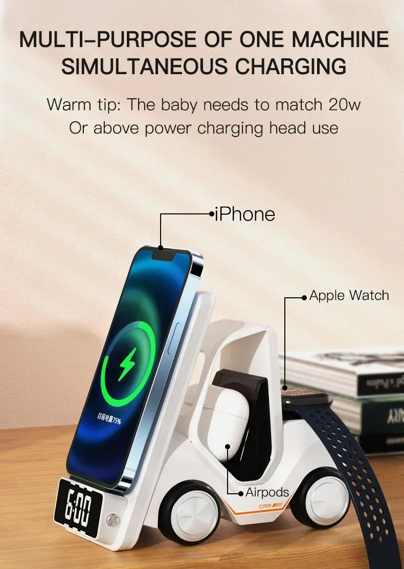 5-in-1 Wireless Charging Station with Alarm Clock – Fast Charger for iPhone, Apple Watch & AirPods