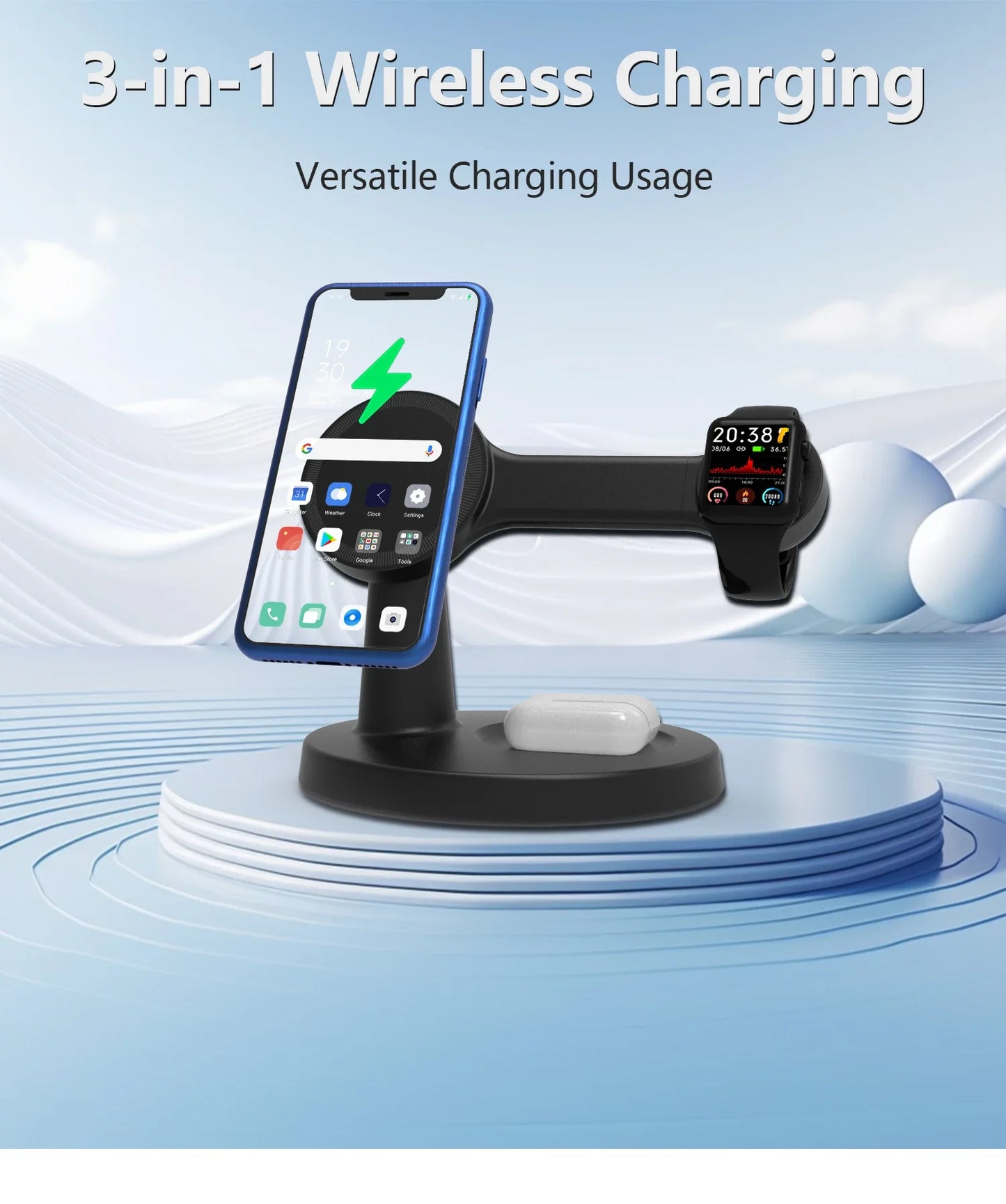 3-in-1 Magnetic Wireless Charging– Fast Charger Stand for iPhone, Apple Watch & AirPods