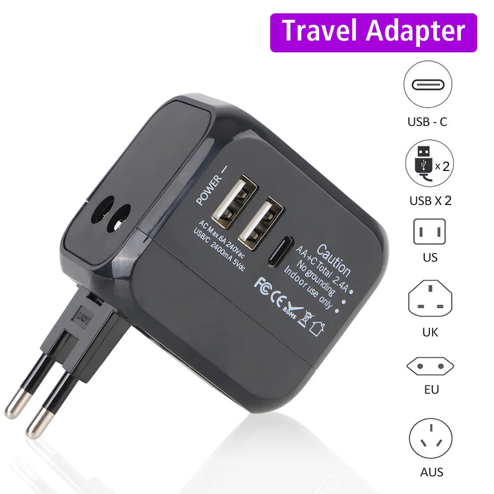Universal Travel Adapter with USB & Type-C – US / UK / EU / AU Plugs