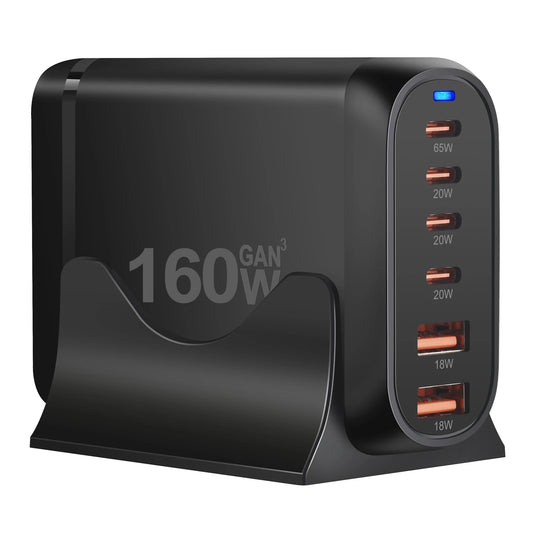 160W GaN Fast Charge 3.0 USB Type C Quick Charger, 6-Port USB Type C PD Charger for Mobile and Tablet, Portable and Convenient