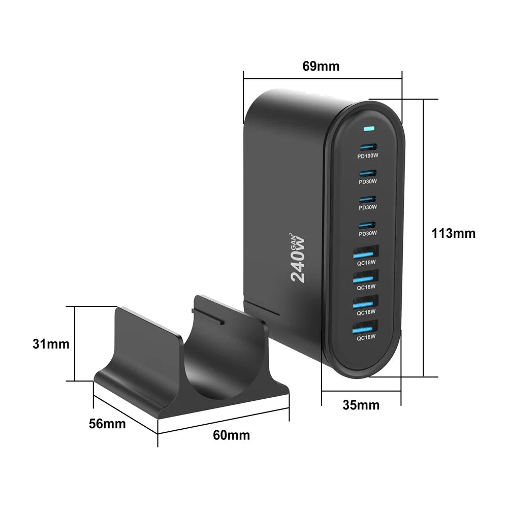 240W  Desktop GaN Charger 8-port USB Type C PD Charger Fast Charge 3.0 USB Type C Fast Charger Mobile USB Charger