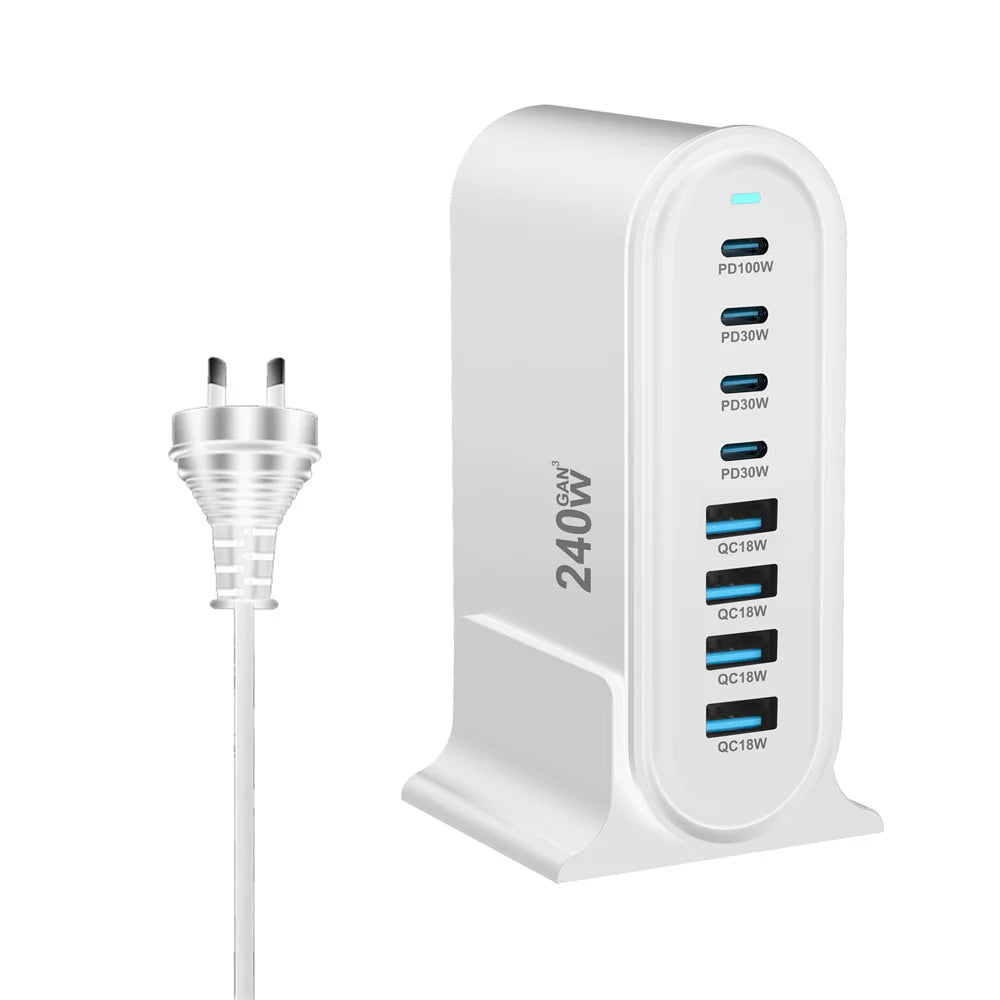 240W  Desktop GaN Charger 8-port USB Type C PD Charger Fast Charge 3.0 USB Type C Fast Charger Mobile USB Charger