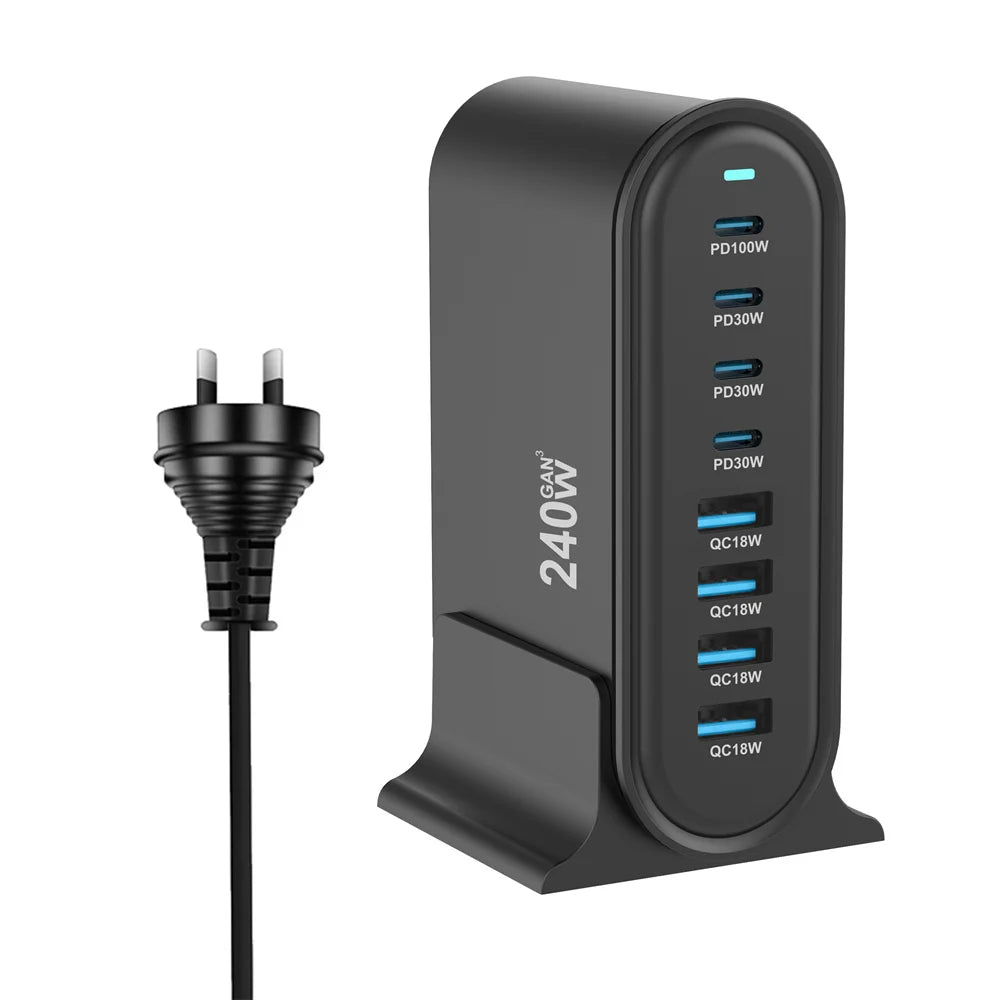 240W  Desktop GaN Charger 8-port USB Type C PD Charger Fast Charge 3.0 USB Type C Fast Charger Mobile USB Charger