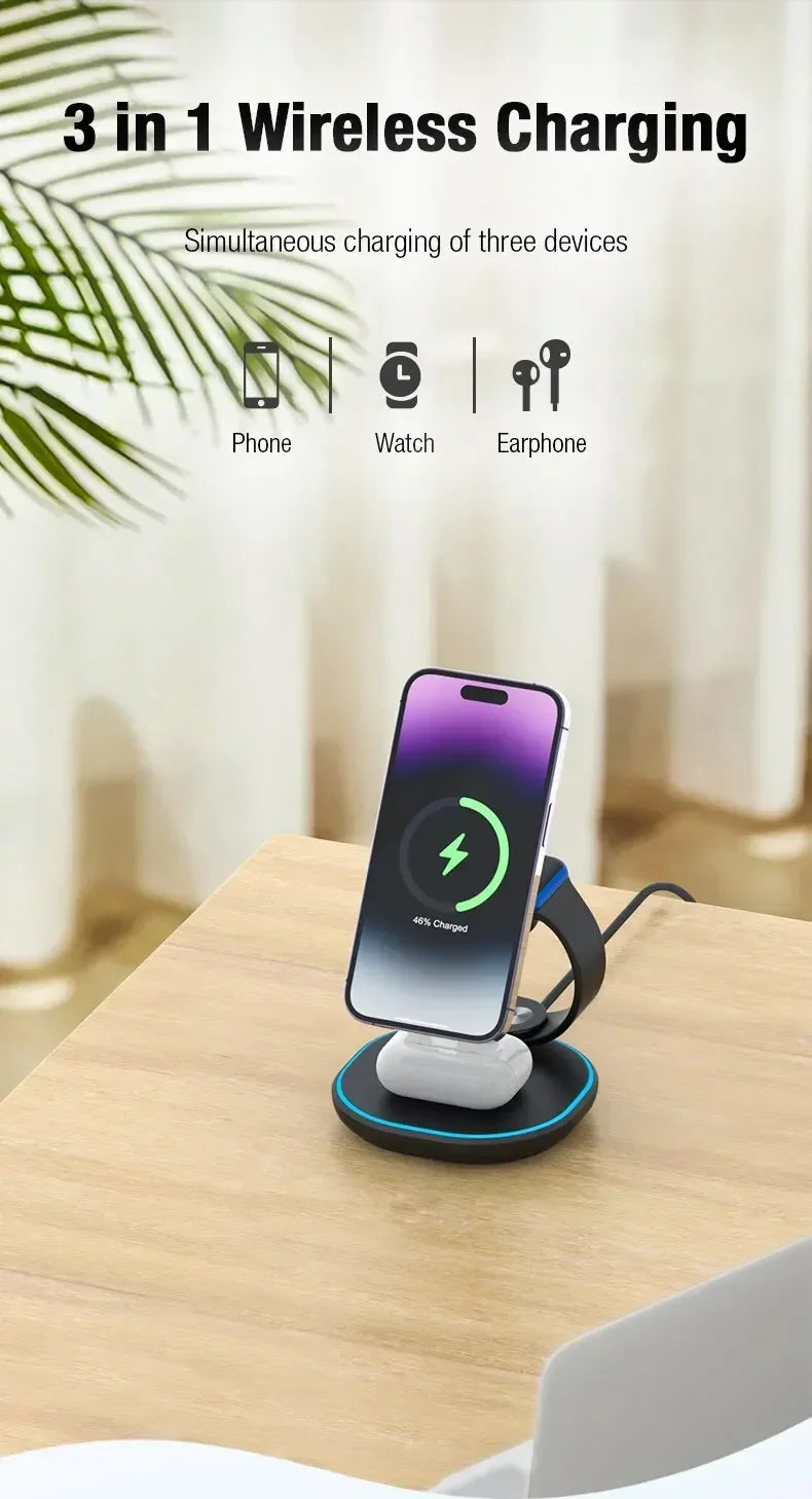 3-in-1 Magnetic Wireless Charging– Fast Charger Stand for iPhone, Apple Watch & AirPods