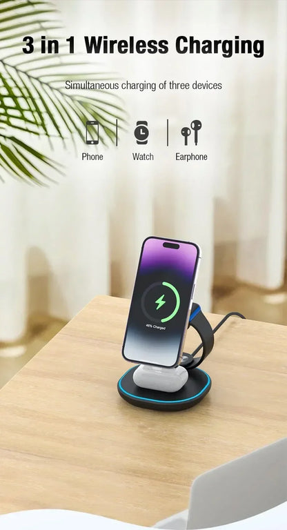 3-in-1 Magnetic Wireless Charging– Fast Charger Stand for iPhone, Apple Watch & AirPods