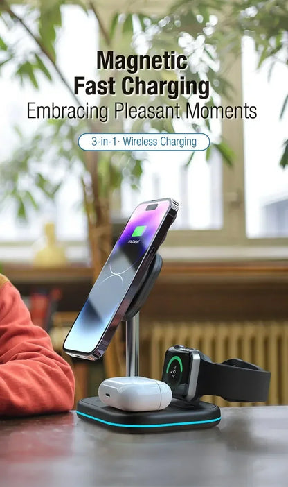 3-in-1 Magnetic Wireless Charging– Fast Charger Stand for iPhone, Apple Watch & AirPods