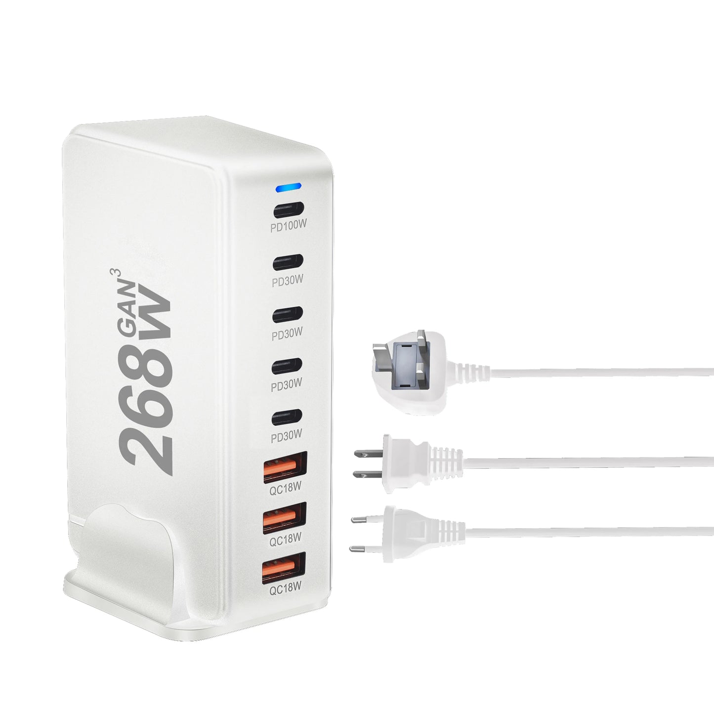 268W GaN Fast Charger – 8 USB-C Ports Desktop Charging Station with US/ EU / UK / AU Plug