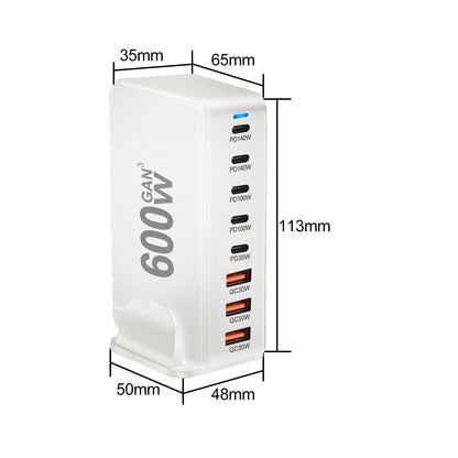 600W GaN Fast Charge 3.0 USB-C Charger with 8 Ports  5C3A PD, Portable and Suitable for Tablets