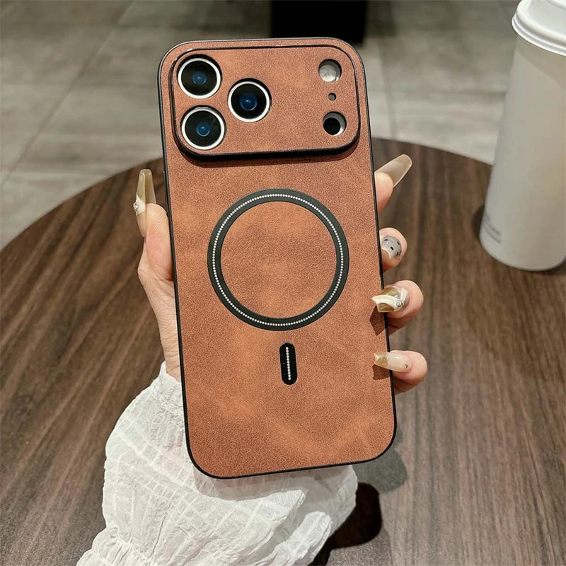Luxury Leather MagSafe Case – Shockproof Magnetic Wireless Charging Cover for iPhone