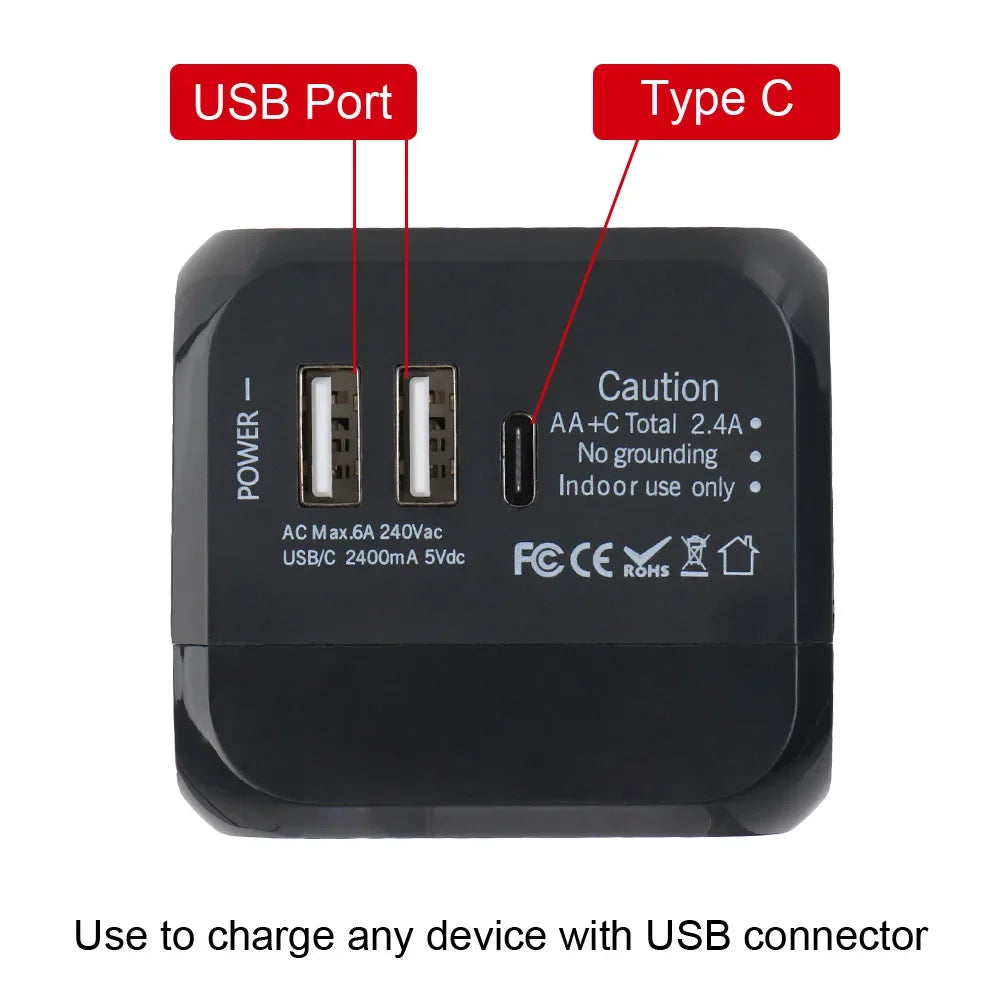Universal Travel Adapter with USB & Type-C – US / UK / EU / AU Plugs
