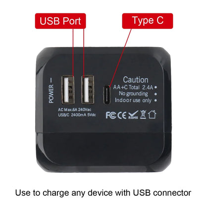 Universal Travel Adapter with USB & Type-C – US / UK / EU / AU Plugs