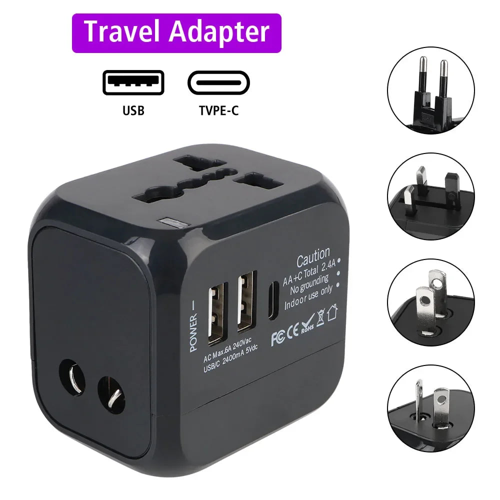 Universal Travel Adapter with USB & Type-C – US / UK / EU / AU Plugs