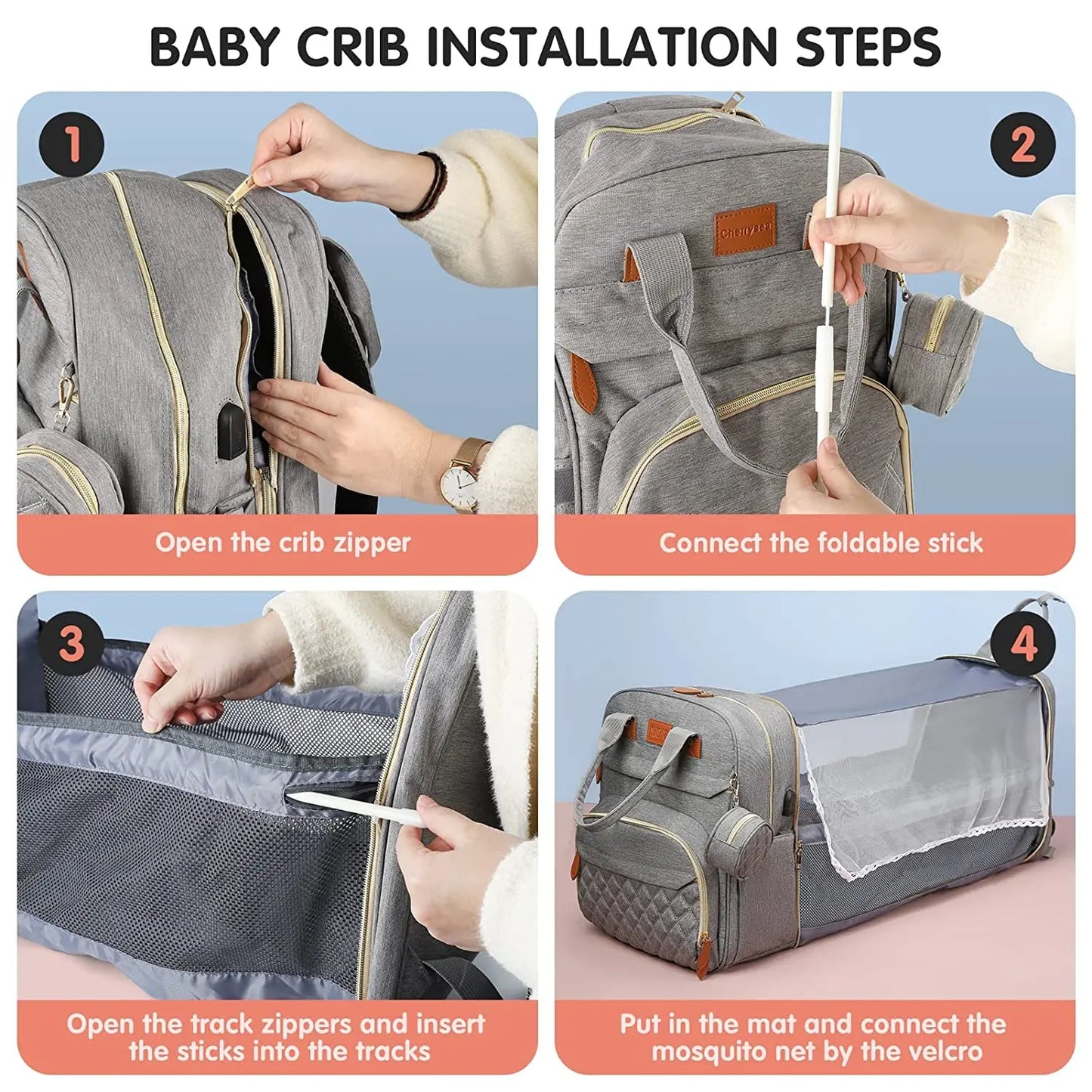 3-in-1 Baby Diaper Bag with Insulated Bottle Holders & Foldable Baby Crib – Portable Travel Baby Bed, Waterproof & Large Capacity Mommy Bag