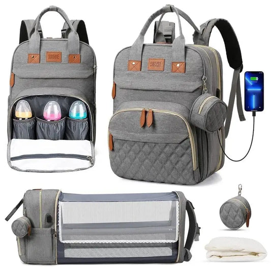 3-in-1 Baby Diaper Bag with Insulated Bottle Holders & Foldable Baby Crib – Portable Travel Baby Bed, Waterproof & Large Capacity Mommy Bag