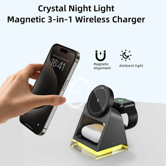 3 In 1 Magsafe Wireless Charger Stand With Touch Crystal Lamp For Iphone 15 Pro Max Iwatch  Pro Charging Station Durable