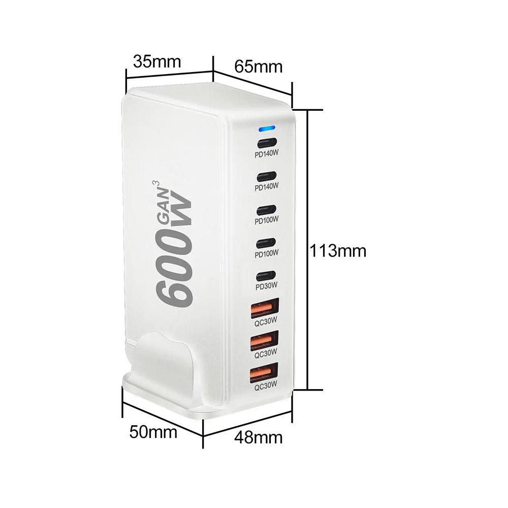 600W GaN Fast Charging Station with US / UK / EU / AU Plug – Multi-Port Power Charger