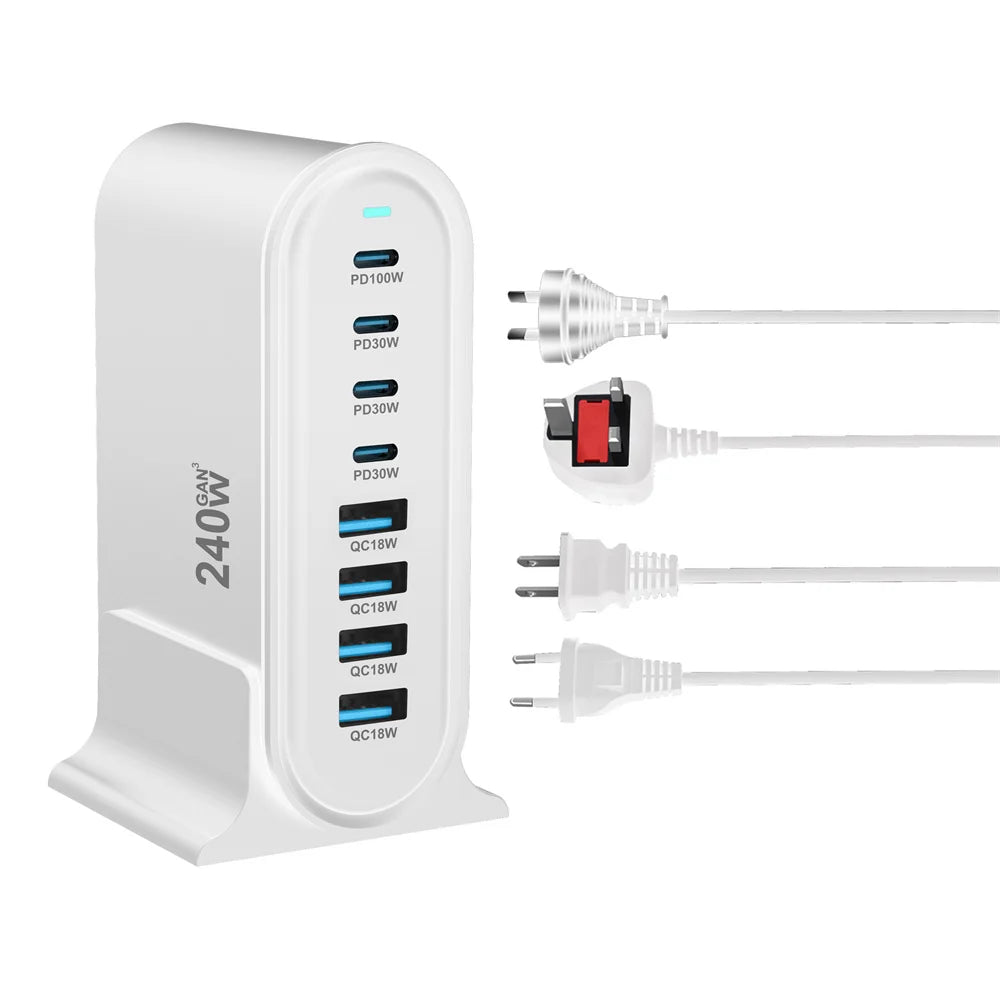 240W  Desktop GaN Charger 8-port USB Type C PD Charger Fast Charge 3.0 USB Type C Fast Charger Mobile USB Charger