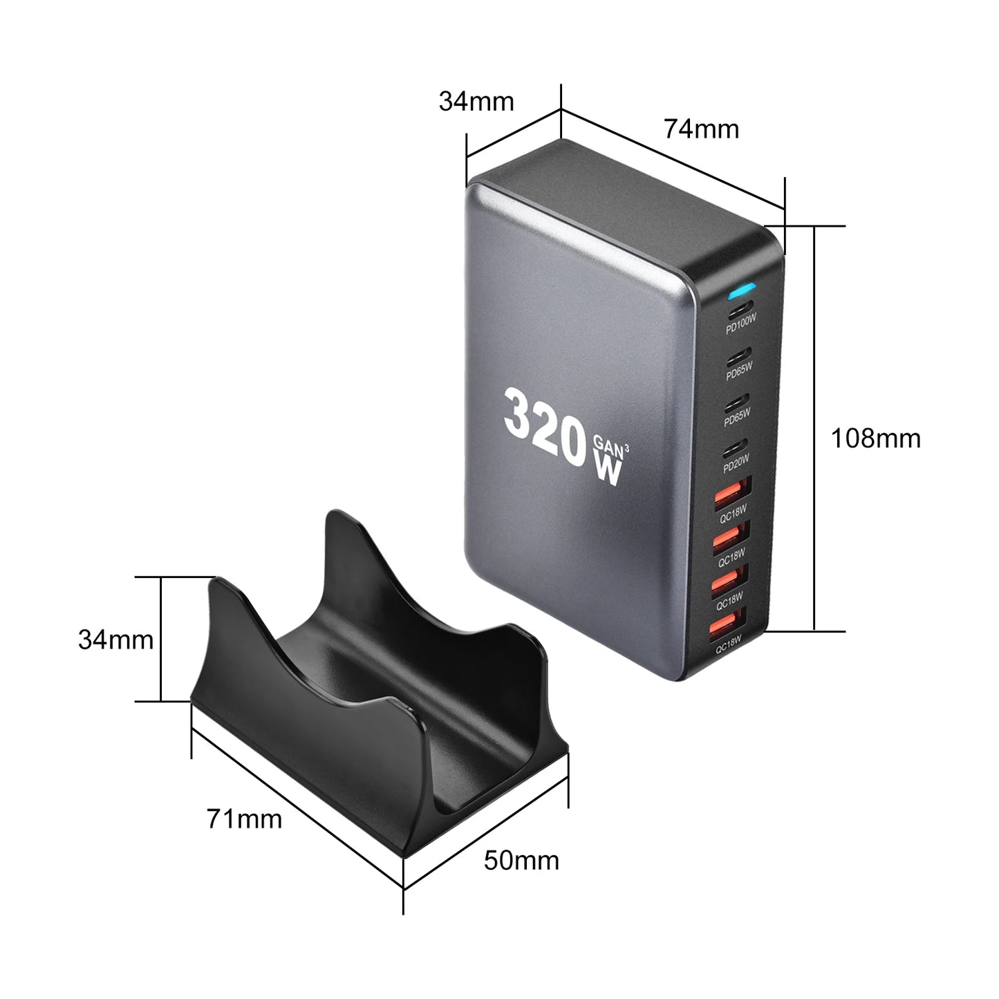 320W GaN Fast Charging Station with US/ UK / EU / AU Plug – Multi-Port Power Charger