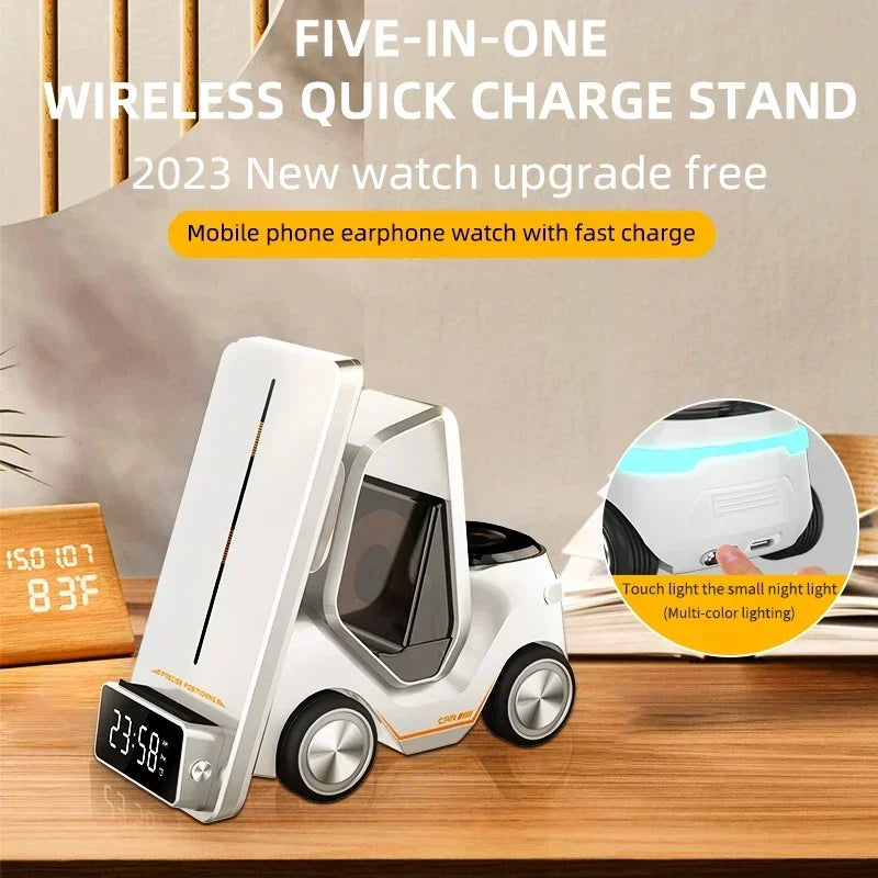 5-in-1 Wireless Charging Station with Alarm Clock – Fast Charger for iPhone, Apple Watch & AirPods