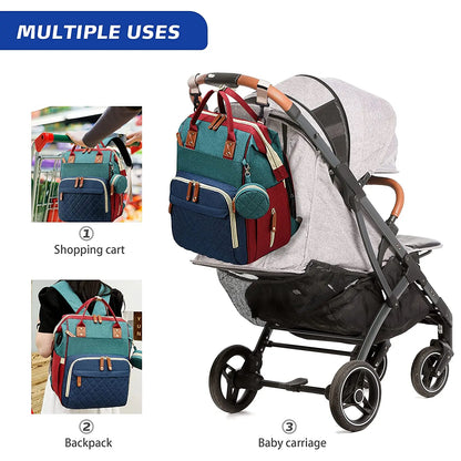 3-in-1 Baby Diaper Bag with Insulated Bottle Holders & Foldable Baby Crib – Portable Travel Baby Bed, Waterproof & Large Capacity Mommy Bag