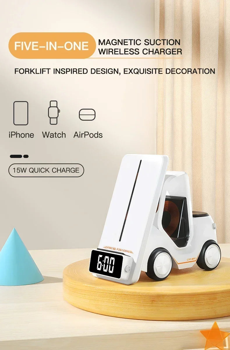 5-in-1 Wireless Charging Station with Alarm Clock – Fast Charger for iPhone, Apple Watch & AirPods